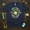 Navy t-shirt with "Mint to Be Floss Me Lucky Teeth Love Your Smile" text, featuring a smiling tooth, shamrock, horseshoe