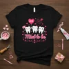 Black t-shirt with "Mint to be" text and cute cartoon teeth characters holding a heart balloon with "LOVE" on it