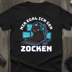 Black t-shirt with "Mir Egal Ich Geh Zocken" text above a cartoon black cat wearing headphones and sitting at a
