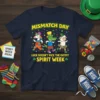 Navy t-shirt featuring Mismatch Day Luck Doesn't Pick The Outfit Spirit Week design with unicorn, alligator, and sheep characters