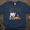 Miso Happy Right Meow text with a cartoon maneki-neko cat holding ramen and sushi, on a navy blue t-shirt