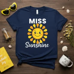 MISS Sunshine t-shirt with a smiling sun graphic and white text "MISS Sunshine" on a navy blue shirt