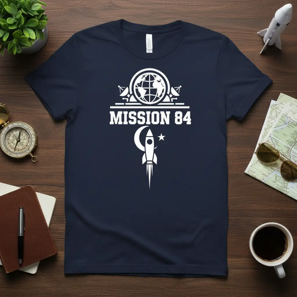Mission 84 graphic tee with vintage globe, satellite dishes, and rocket, celebrating space exploration