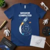 Mission Completed 6th Birthday t-shirt with a rocket blasting off and the number 6 integrated into a circuit board design