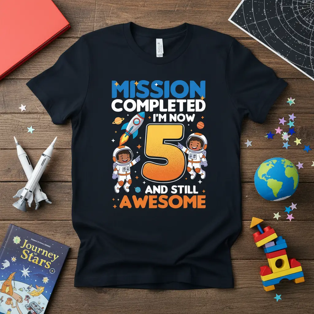 Mission Completed I'm Now 5 And Still Awesome text with cartoon astronauts and rocket on a dark t-shirt