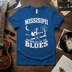Blue t-shirt with white text "MISSISIPII BIRTHPLACE OF THE BLUES" and a graphic of a guitarist under a moon