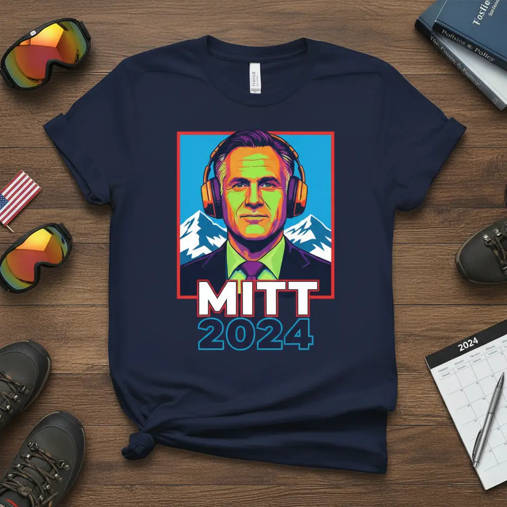 MITT 2024 campaign t-shirt with colorful portrait of Mitt Romney wearing headphones and mountain backdrop