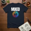 Navy t-shirt with the word MIXED in white, and a colorful circular yin yang symbol below it