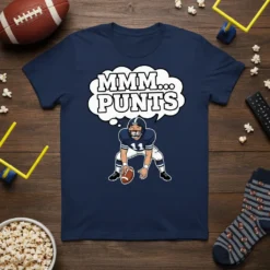 Navy t-shirt with cartoon football player thinking "MMM... PUNTS" in a speech bubble