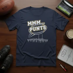 Navy t-shirt with "MMM... PUNTS" text in a bold oval graphic, featuring a rugby ball outline and crowd silhouette