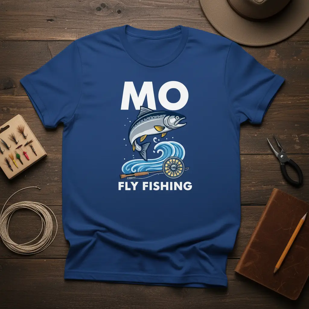 MO FLY FISHING design featuring a leaping trout, waves, and fishing rod on a blue tee