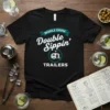 Black t-shirt with "Mobile Drink Double Sippin' Trailers" text, featuring a caravan graphic