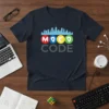 Moco Code T-Shirt featuring colorful circles with 'MOCO' and 'CODE' text below a city skyline graphic