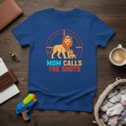 Mom Calls The Shots T-Shirt design with a lioness and cub inside a target reticle, bold typography