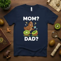 Mom? Dad? text with a cartoon kiwi bird detective examining kiwi fruit on a navy blue t-shirt