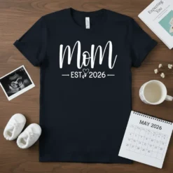 Mom EST 2026 t-shirt with cute baby feet graphic and heart detail, announcing upcoming motherhood in 2026
