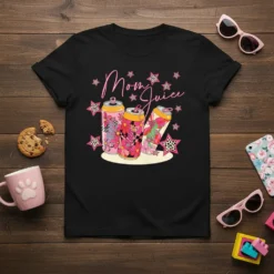 Black t-shirt with "Mom Juice" text in pink script, surrounded by colorful floral cans and star graphics