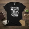 Mom Life BUILT ON Faith, FUELED BY Love quote on a black t-shirt with a cross graphic