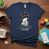 Mom Life #momlife t-shirt featuring a graphic of a mother holding a baby with messy bun and checkered accents