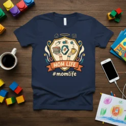 Mom Life #momlife t-shirt design featuring a shield crest with baby bottle, books, and coffee cup, with ribbon banner