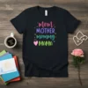 Mom MOTHER mommy MAMA text design with colorful lettering and stars on a black t-shirt