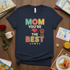 Mom You're The Best t-shirt with colorful retro font, red heart, and rose graphic