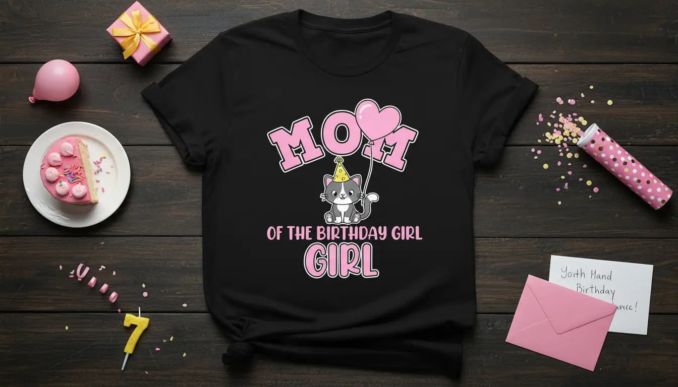 Mom Of The Birthday Girl text design with a cute cat and heart balloon graphic