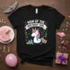 Mom of the Birthday Girl unicorn t-shirt with festive confetti and party elements