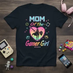 Mom Of The Gamer Girl t-shirt with pixel heart graphic and gamer girl silhouette