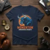 Momentum Unwavareng Strength quote with a fierce blue bull graphic on a navy t-shirt