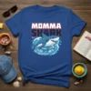 Momma Shark text above a graphic of a mother shark and two baby sharks swimming through waves, on a blue