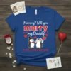 Blue t-shirt with "Mommy? Will you marry my Daddy" text and cute penguin couple proposal design, hearts, and wedding veil