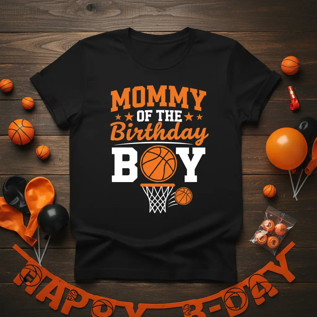 Mommy Of The Birthday Boy basketball design featuring playful typography and orange basketball graphics