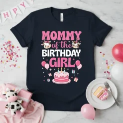 Mommy of the Birthday Girl t-shirt design with cute cows, birthday cake, balloons, and gifts