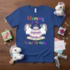 Mommy of the Twins Birthday t-shirt with colorful text, unicorns, and a birthday cake graphic