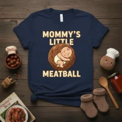 Mommy's Little Meatball t-shirt design featuring a cute baby inside a meatball graphic with bold text