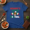 Mommy's Little Meatball text with a cute chef meatball character and Italian flags on a blue t-shirt