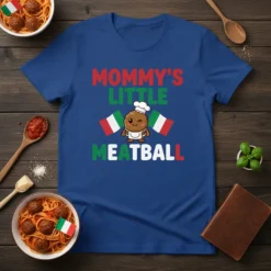 Mommy's Little Meatball text with a cute chef meatball character and Italian flags on a blue t-shirt