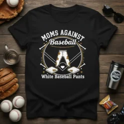 Black t-shirt with "Moms Against Baseball White Baseball Pants" text and graphic of muddy pants, baseball field, and bases