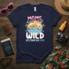 Moms Gone Wild Destination 2024 text with graphic of women on a beach vacation, printed on a navy t-shirt