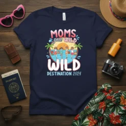 Moms Gone Wild Destination 2024 text with graphic of women on a beach vacation, printed on a navy t-shirt