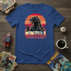 Momzilla Mother of The Monsters t-shirt featuring a Godzilla-like creature with bold typography and a sunset background