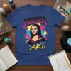 Mona Art T-Shirt featuring a pop art style portrait of the Mona Lisa with vibrant geometric background and bold text