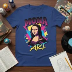 Mona Art T-Shirt featuring a pop art style portrait of the Mona Lisa with vibrant geometric background and bold text