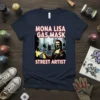 Mona Lisa wearing a gas mask and spray painting in a city scene, text "Mona Lisa Gas Mask Street Artist"