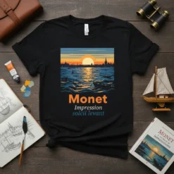 Monet Impression Soleil Levant T-Shirt with a sunset over water and city skyline, inspired by Impressionist art