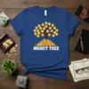 Money Tree T-Shirt design featuring a tree with dollar coins for leaves, a pile of coins at its base, and