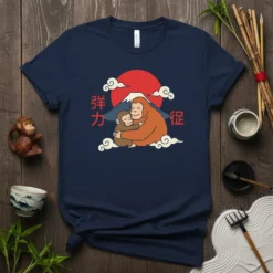 弾力従 Japanese text and monkey family hugging graphic t-shirt design with Mount Fuji backdrop