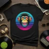 Smiling monkey wearing yellow headphones with colorful retro stripes in background, Monkey Wearing Headphones T-Shirt design