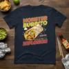 Navy t-shirt with "Monster Burrito Explosion" text and a graphic of a loaded burrito, listing ingredients and hot sauce